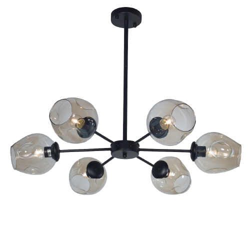Colgante de 6 luces 27 de metal y vidrio ambar medidas 75x66cm negro